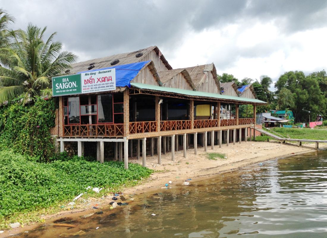 A stilted seafood restaurant on the Vietnamese coast