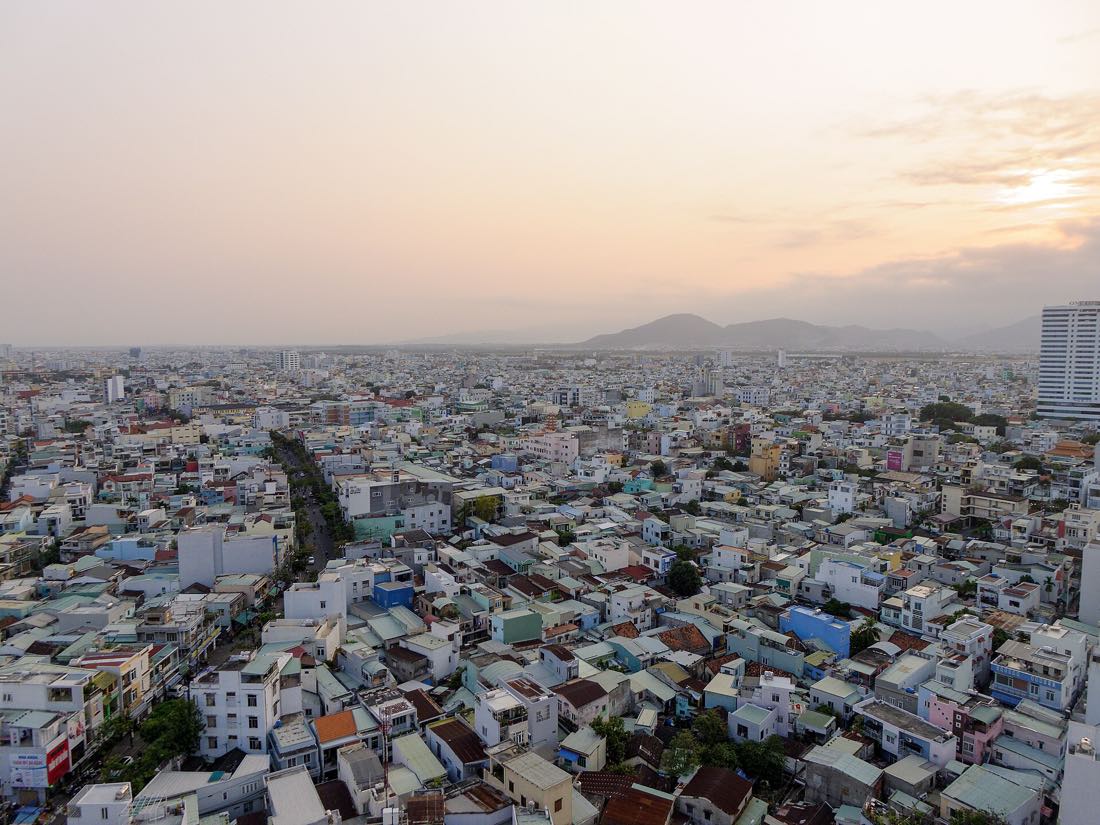The wall of beachfront hotels along the Da Nang shoreline